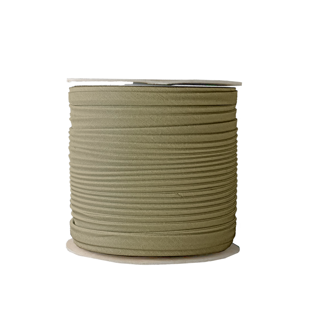 dark olive 3/8" double fold bias tape on a spool from Heit's Wholesale bulk sewing supply company 