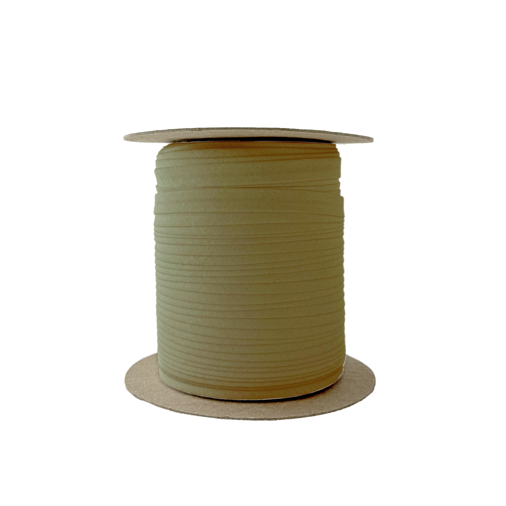 dark olive 3/8" single fold bias tape on a spool from Heit's Wholesale bulk sewing supply company