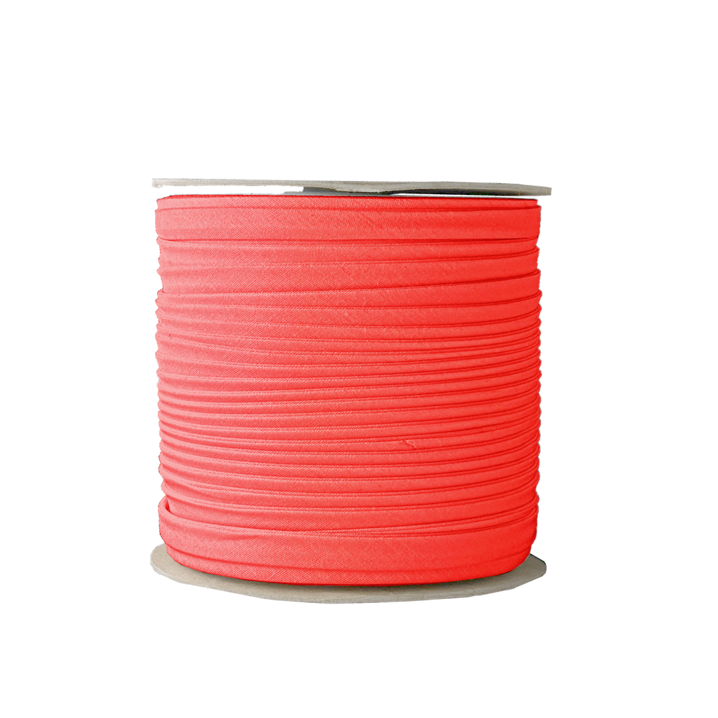 red 3/8" double fold bias tape on a spool from Heit's Wholesale bulk sewing supply company 