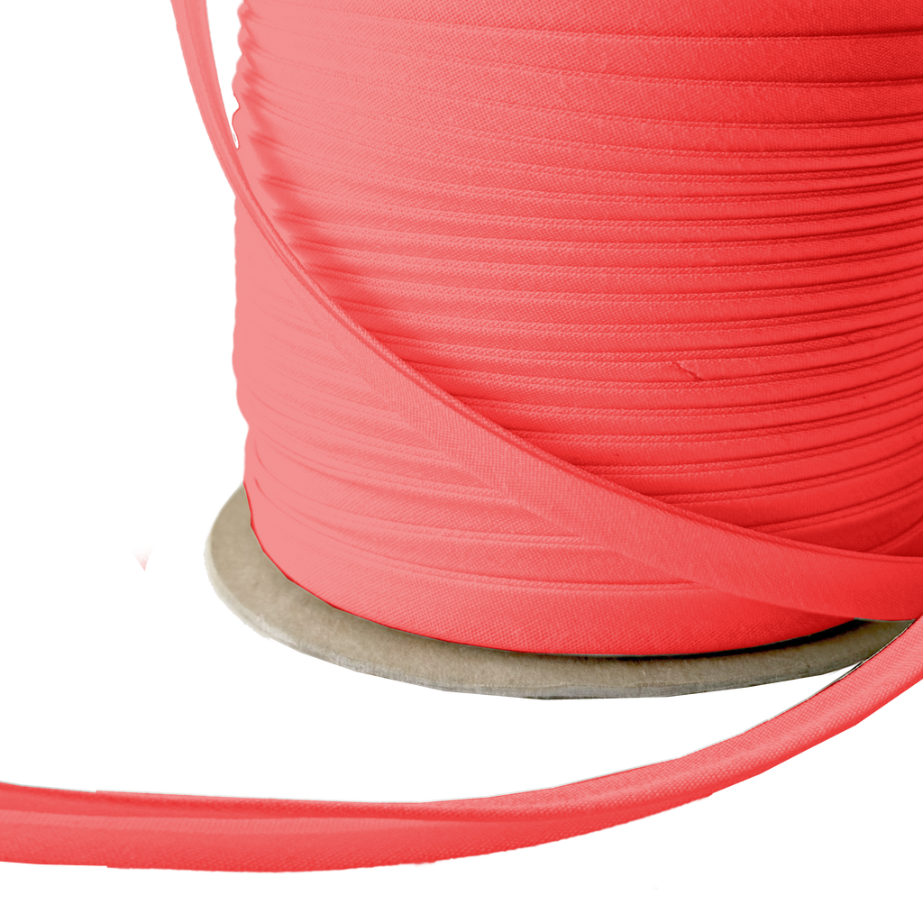 close up of the red 3/8" double fold bias tape on a spool from Heit's Wholesale bulk sewing supply company 