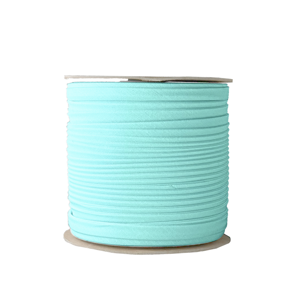 sky blue 3/8" double fold bias tape on a spool from Heit's Wholesale bulk sewing supply company 