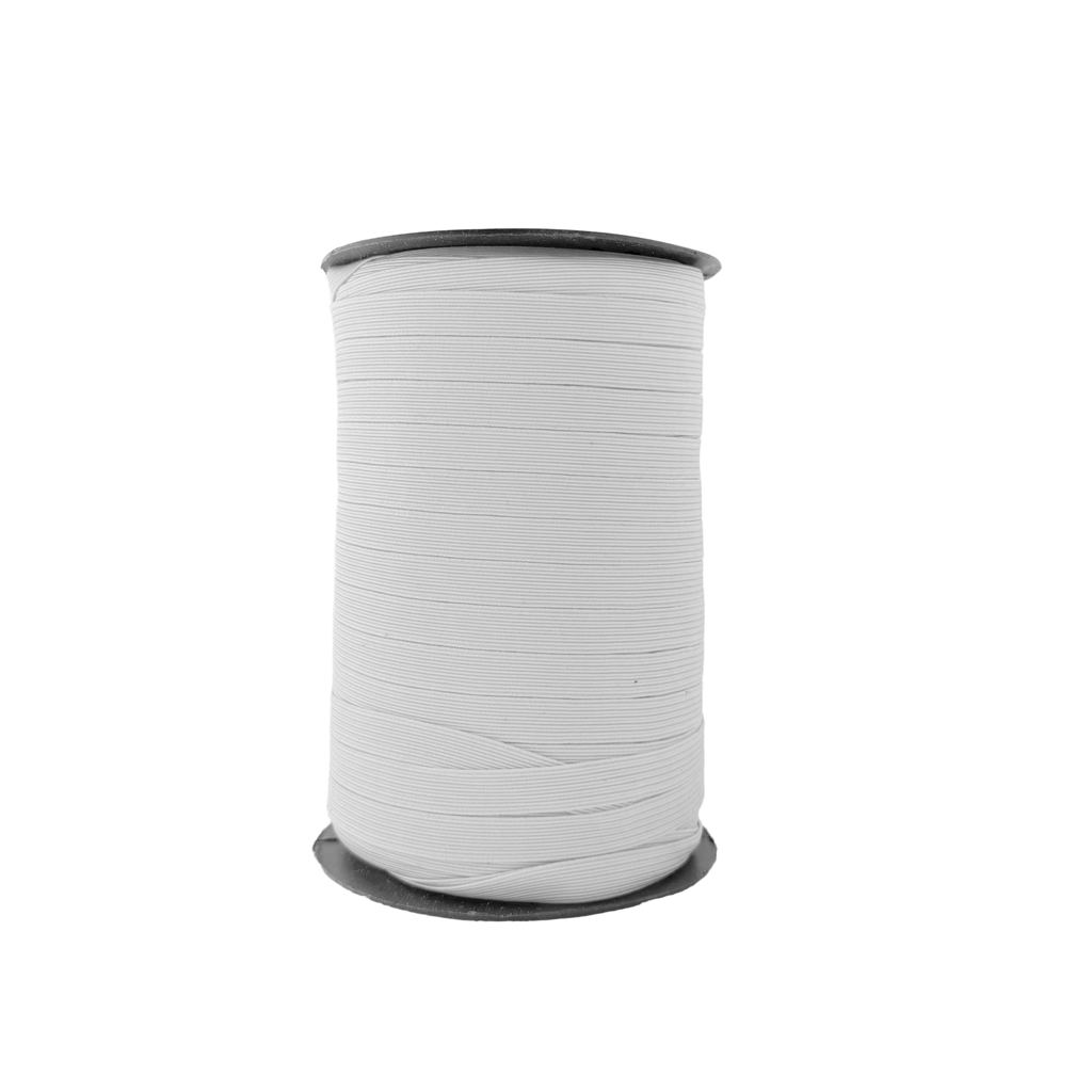 white 3/8" braided elastic on a spool from Heit's Wholesale bulk sewing supply company