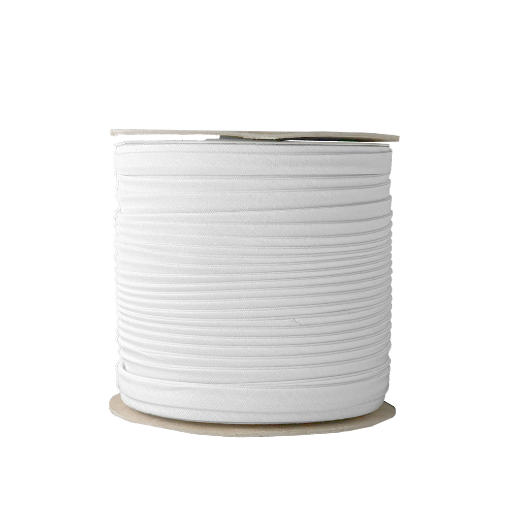 white 3/8" double fold bias tape on a spool from Heit's Wholesale bulk sewing supply company