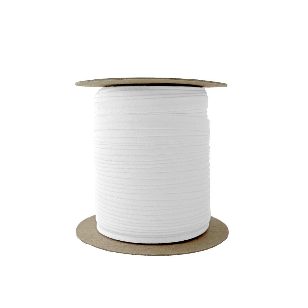 white 3/8" single fold bias tape on a spool from Heit's Wholesale bulk sewing supply company 