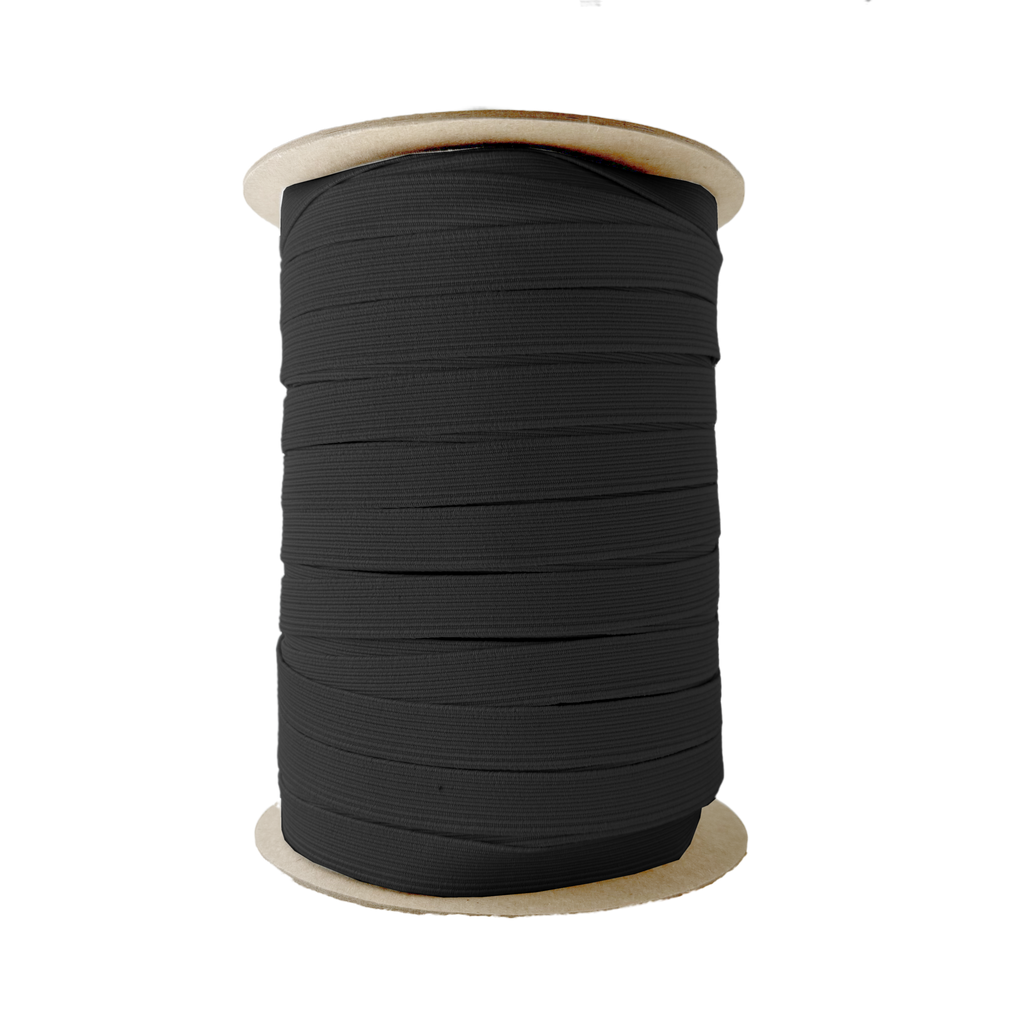black 5/8" braided elastic on a spool from Heit's Wholesale bulk sewing supply company