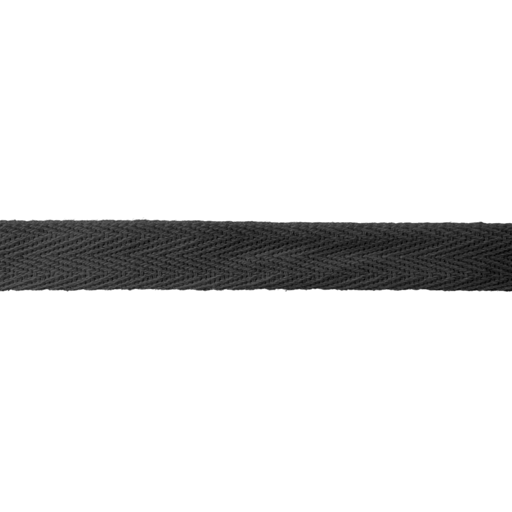 close up of the black 5/8" cotton twill tape on a spool from Heit's Wholesale bulk sewing supply company