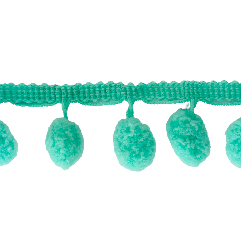 aqua 1 inch pom pom fringe from Heit's Wholesale bulk sewing supply company