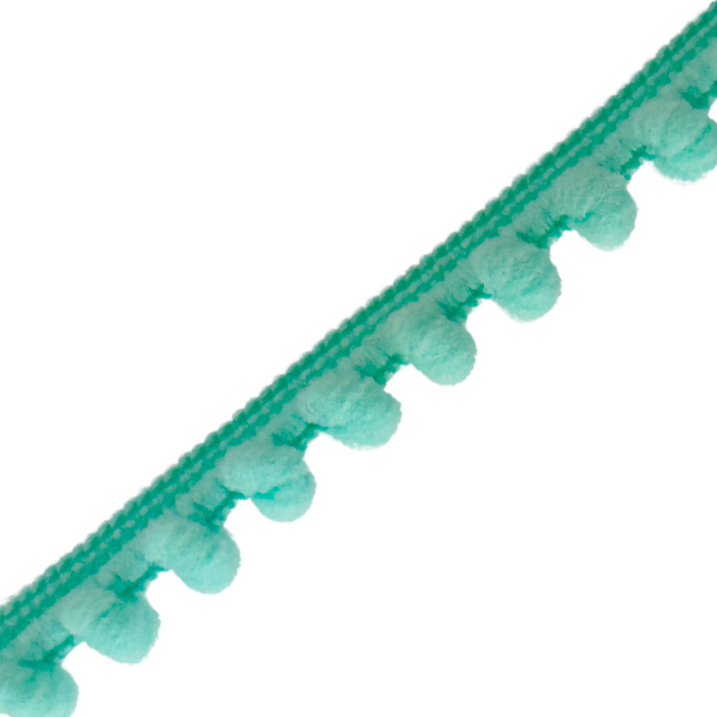 aqua 3/8" baby pom pom fringe from Heit's Wholesale bulk sewing supply company