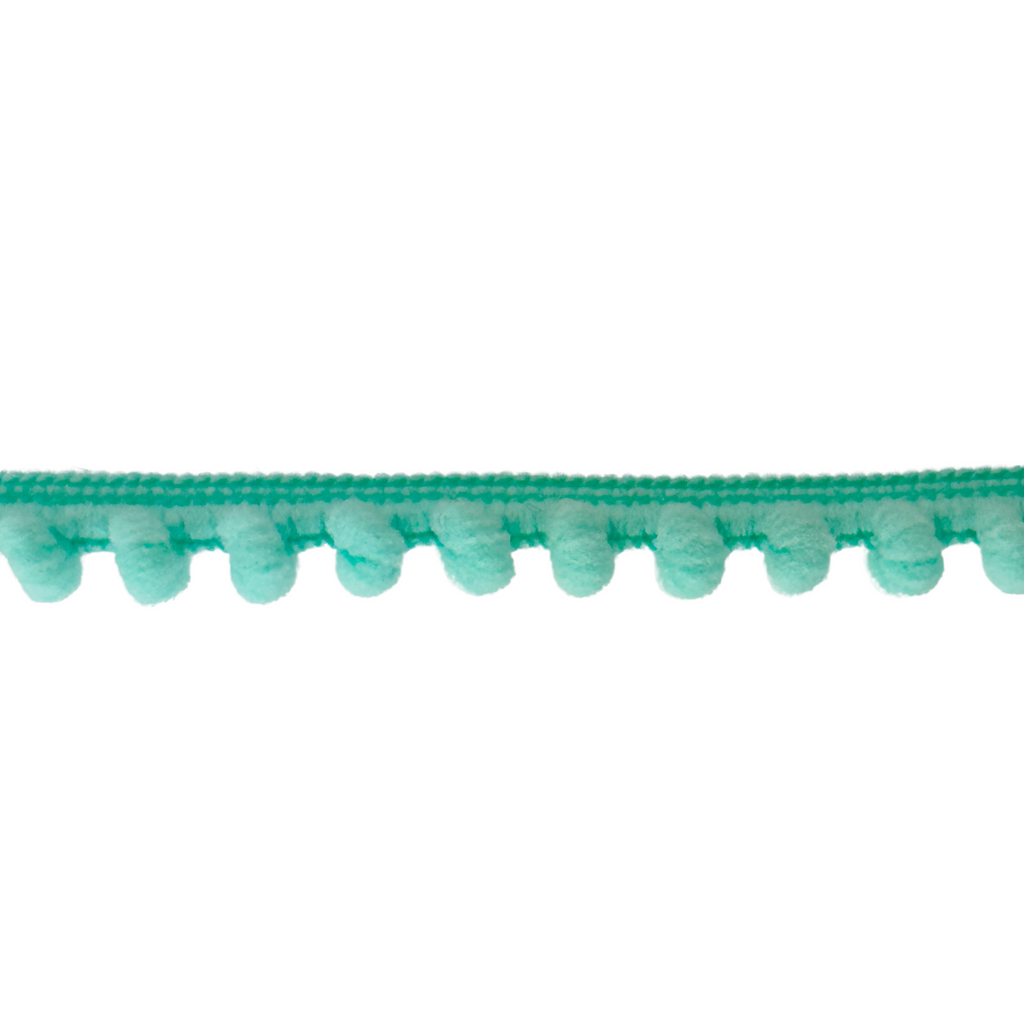 aqua 3/8" baby pom pom fringe from Heit's Wholesale bulk sewing supply company
