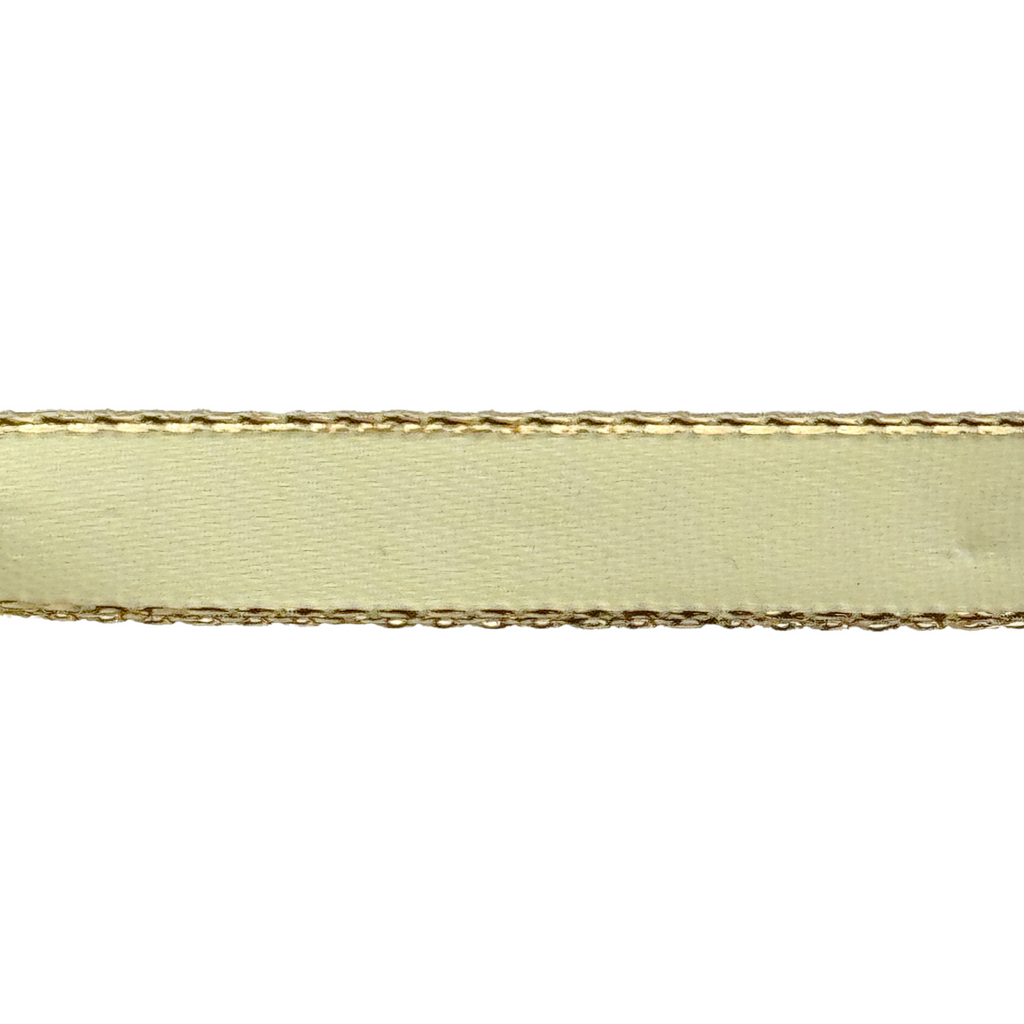 baby maize 3/8" double faced satin ribbon with sparkling gold edges from Heit's Wholesale bulk sewing supply company