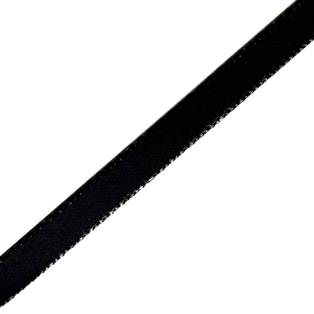 black 1/4" double face satin ribbon with sparkling silver edges from Heit's Wholesale bulk sewing supply company