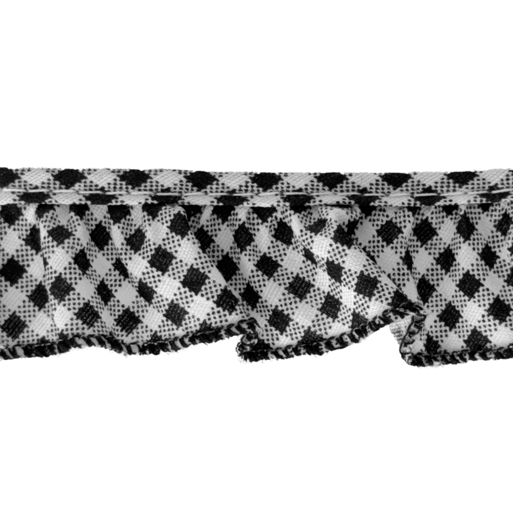 black 1" ruffled gingham ribbon from Heit's Wholesale bulk sewing supply company
