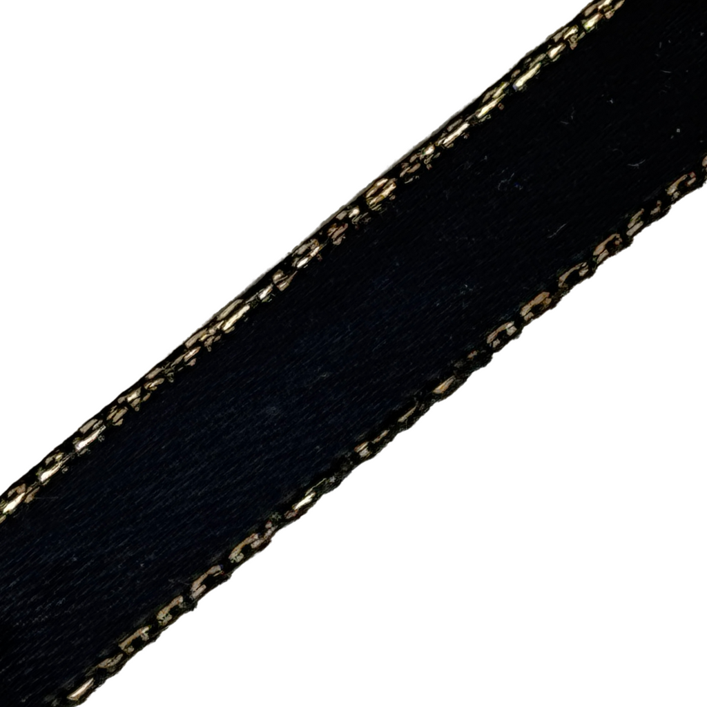 black 3/8" double faced satin ribbon with sparkling gold edges from Heit's Wholesale bulk sewing supply company
