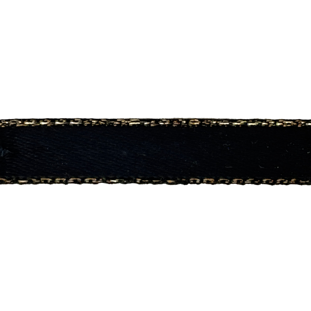 black 3/8" double faced satin ribbon with sparkling gold edges from Heit's Wholesale bulk sewing supply company