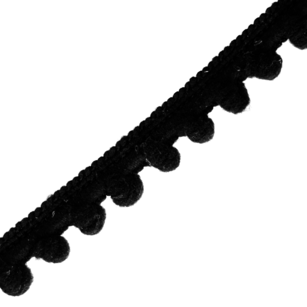 black 3/8" baby pom pom fringe from Heit's Wholesale bulk sewing supply company
