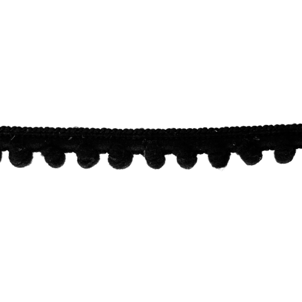 black 3/8" baby pom pom fringe from Heit's Wholesale bulk sewing supply company