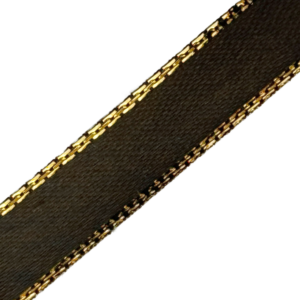 brown 3/8" double faced satin ribbon with sparkling gold edges from Heit's Wholesale bulk sewing supply company