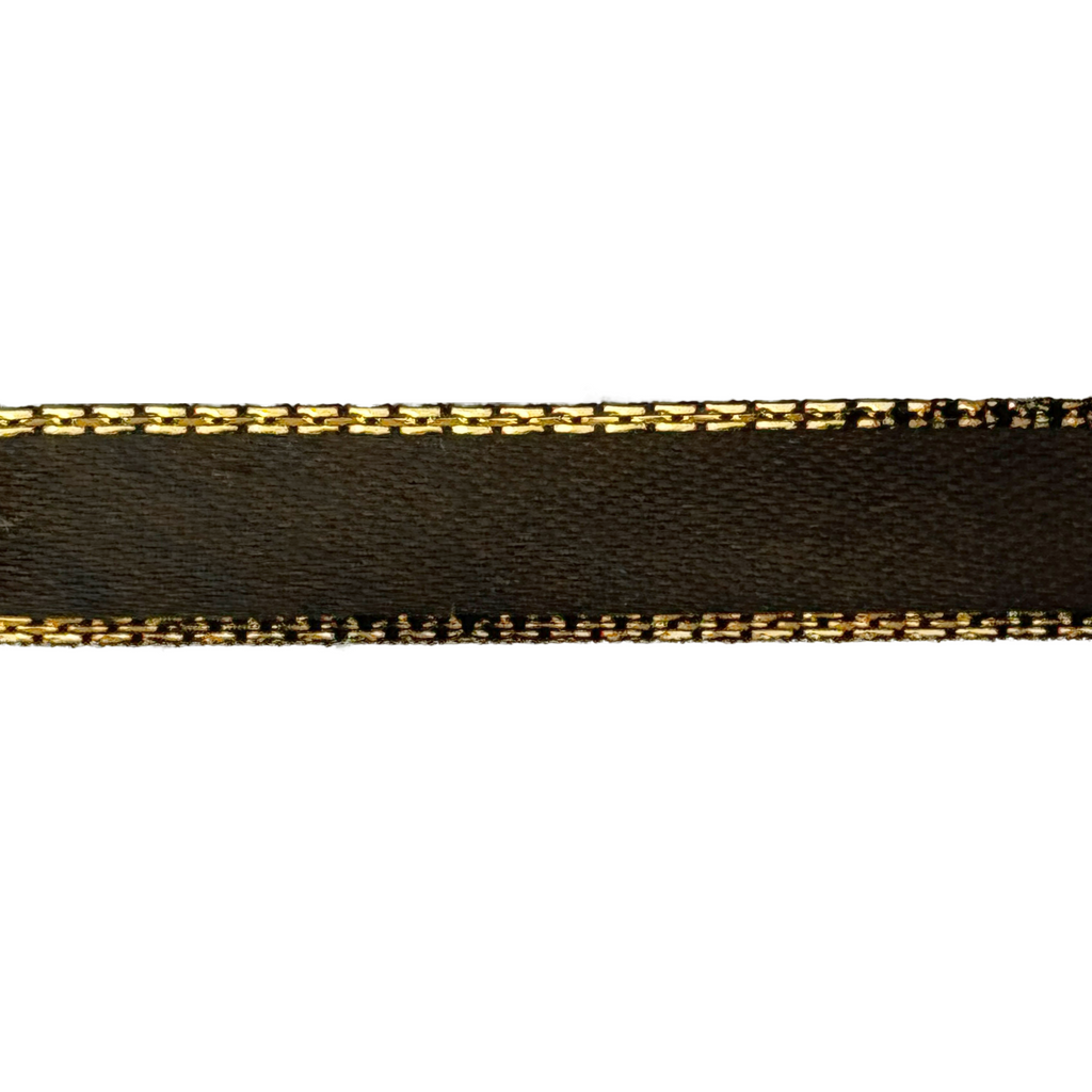 brown 3/8" double faced satin ribbon with sparkling gold edges from Heit's Wholesale bulk sewing supply company