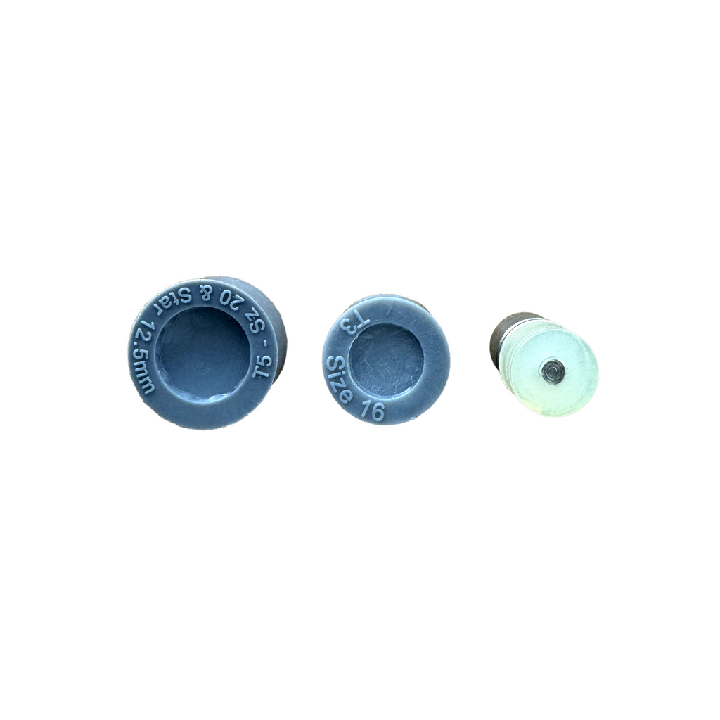 bottoms of the die sets sold at Heit's Wholesale bulk sewing supply company that are compatible with the size 16 and size 20 poly resin snaps