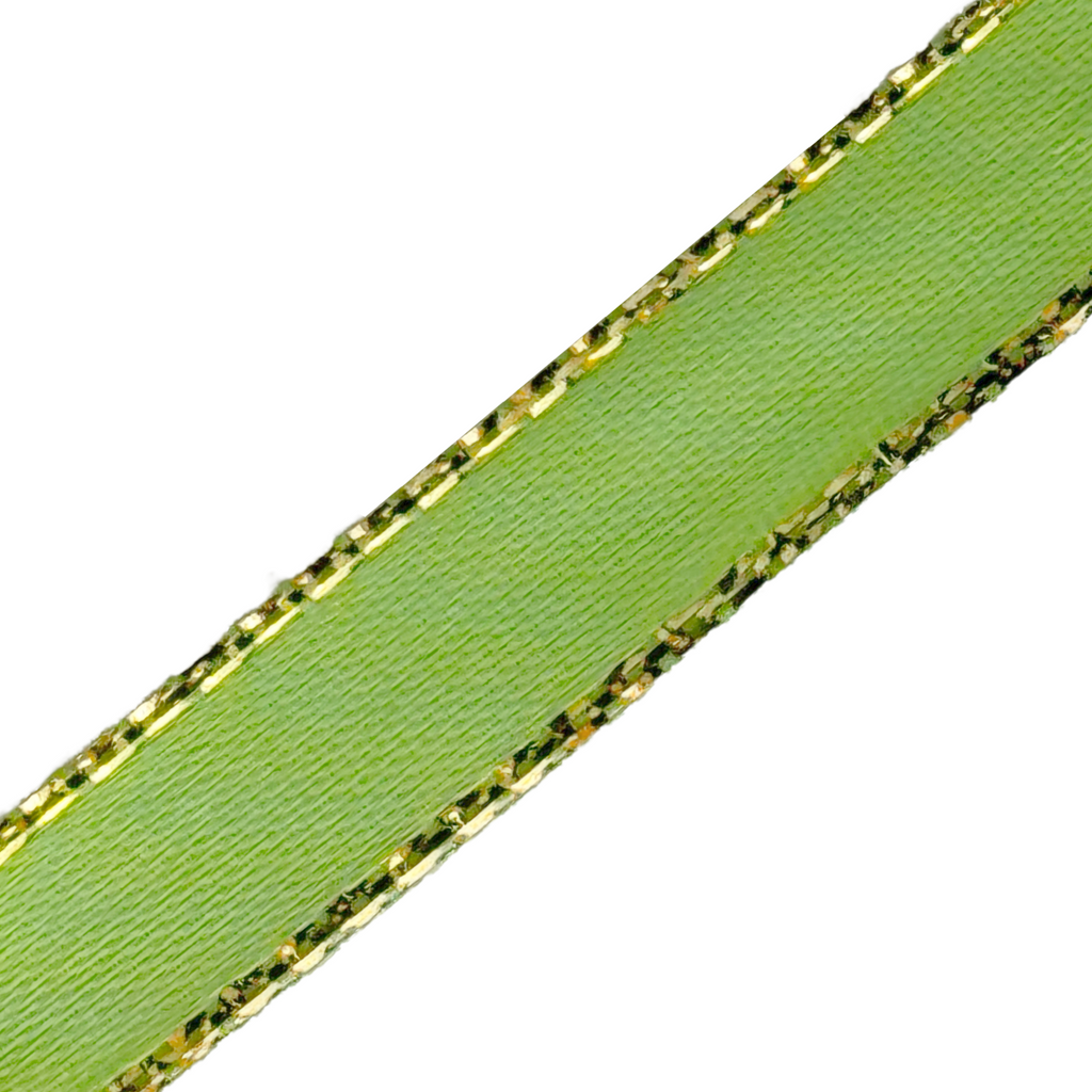 apple 3/8" double faced satin ribbon with sparkling gold edges from Heit's Wholesale bulk sewing supply company