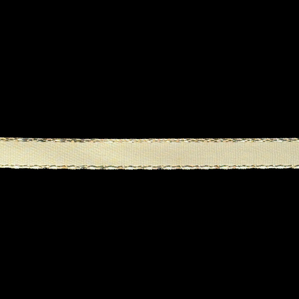 ivory  1/4" double face satin ribbon with sparkling silver edges from Heit's Wholesale bulk sewing supply company