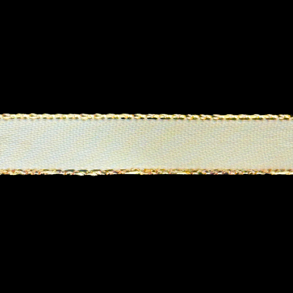 ivory 3/8" double faced satin ribbon with sparkling gold edges from Heit's Wholesale bulk sewing supply company