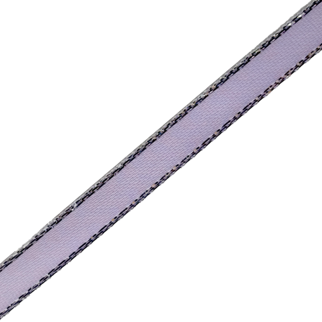 lavender 1/4" double face satin ribbon with sparkling silver edges from Heit's Wholesale bulk sewing supply company