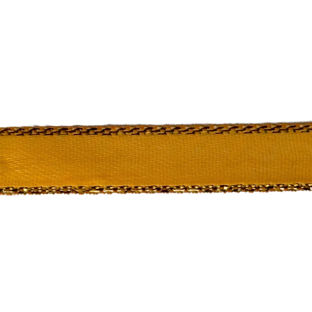 light gold 3/8" double faced satin ribbon with sparkling gold edges from Heit's Wholesale bulk sewing supply company