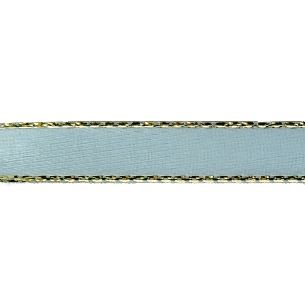 light blue 3/8" double faced satin ribbon with sparkling gold edges from Heit's Wholesale bulk sewing supply company