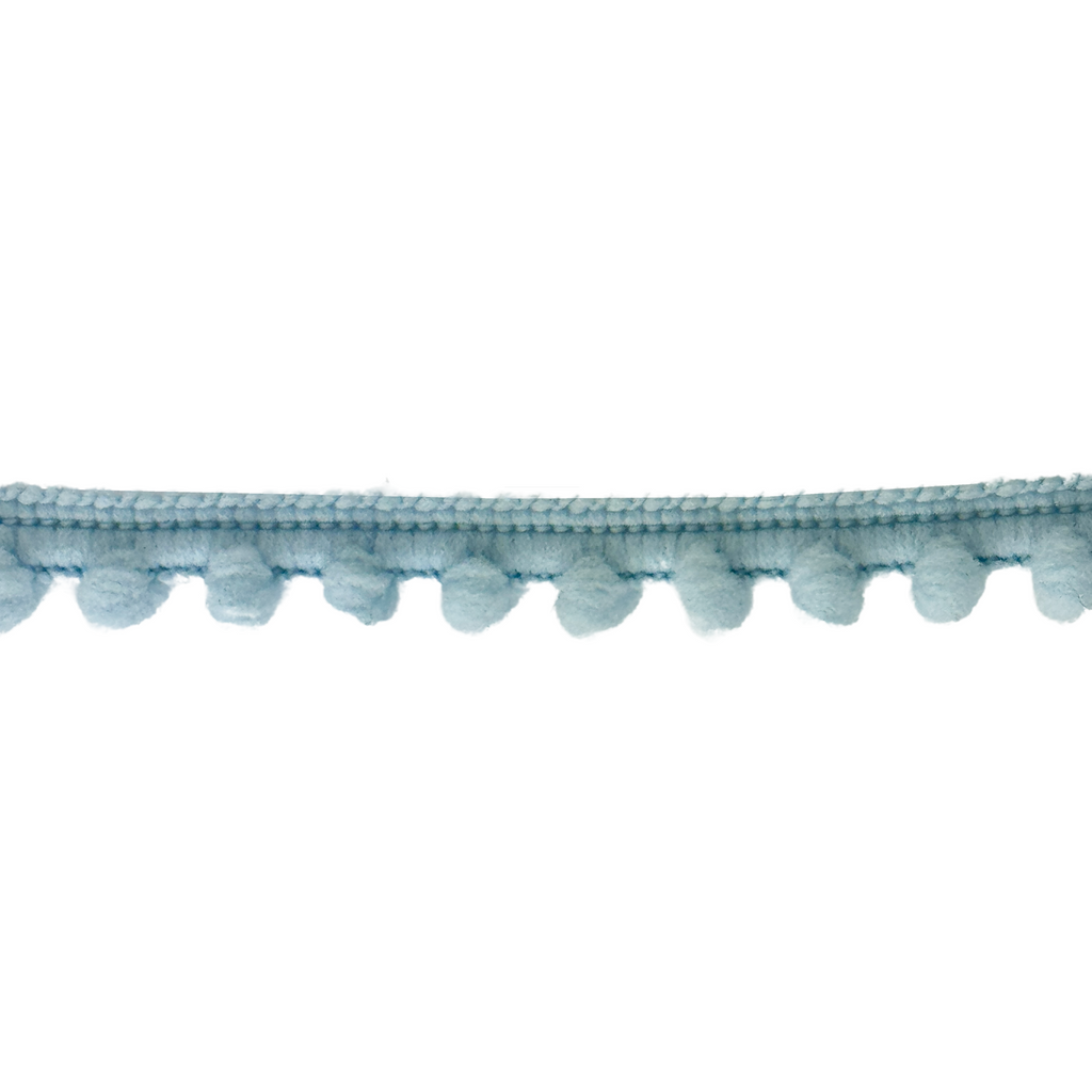 light blue 3/8" baby pom pom fringe from Heit's Wholesale bulk sewing supply company