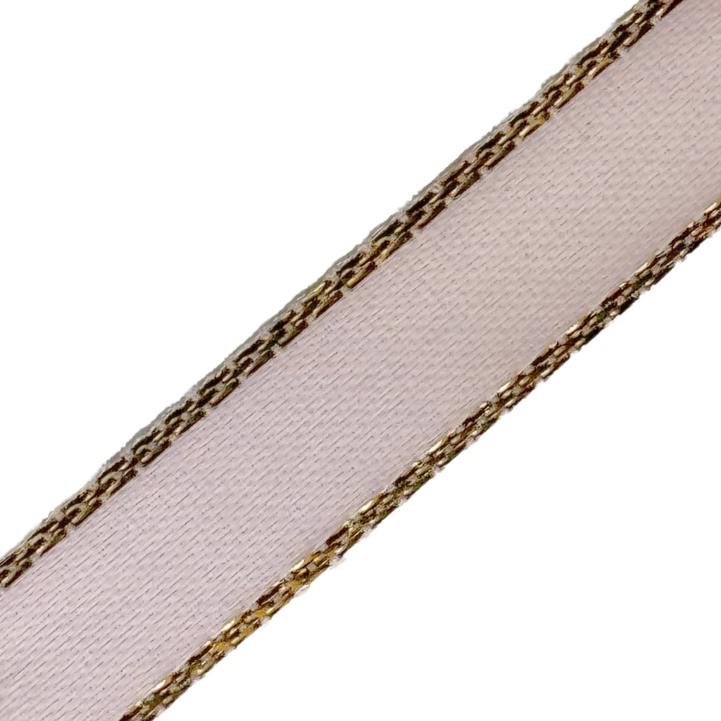 light pink 3/8" double faced satin ribbon with sparkling gold edges from Heit's Wholesale bulk sewing supply company