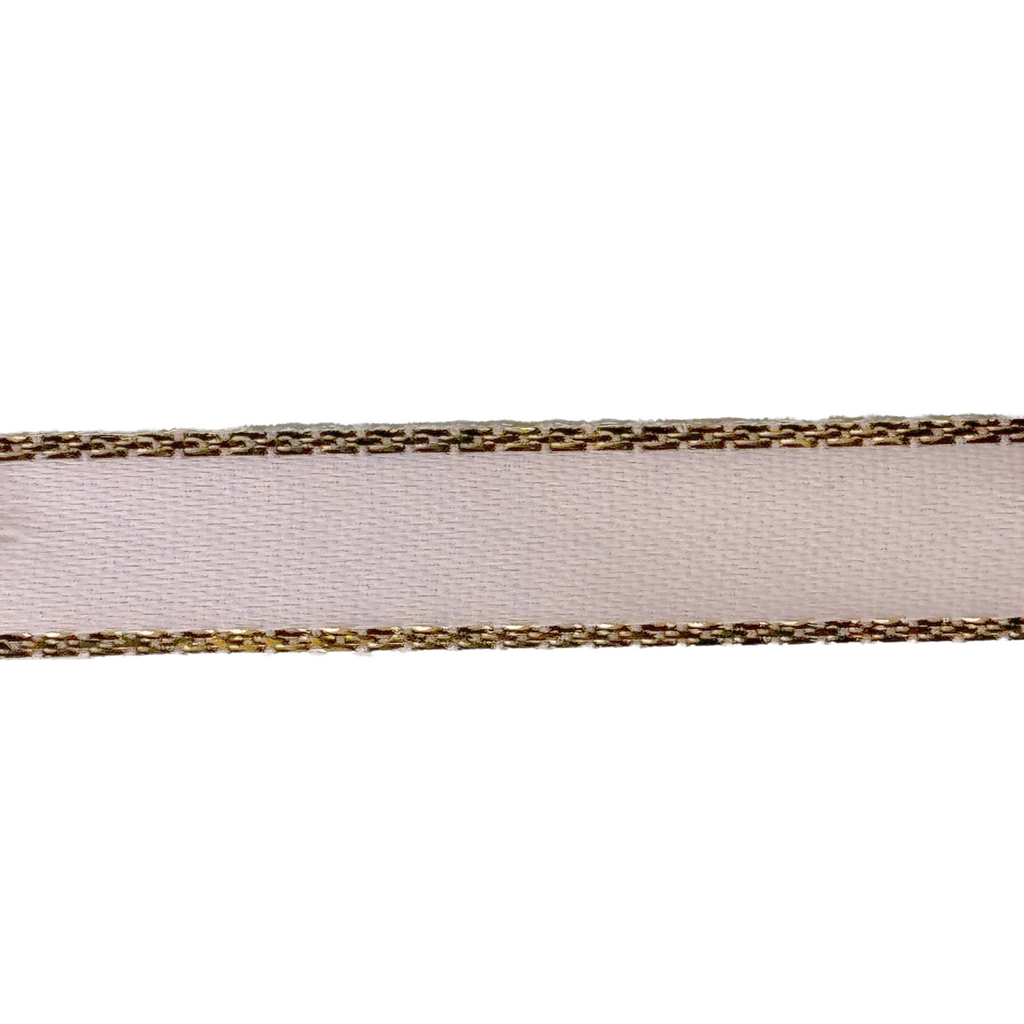 light pink 3/8" double faced satin ribbon with sparkling gold edges from Heit's Wholesale bulk sewing supply company