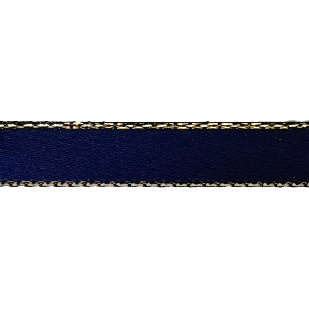 navy blue 3/8" double faced satin ribbon with sparkling gold edges from Heit's Wholesale bulk sewing supply company