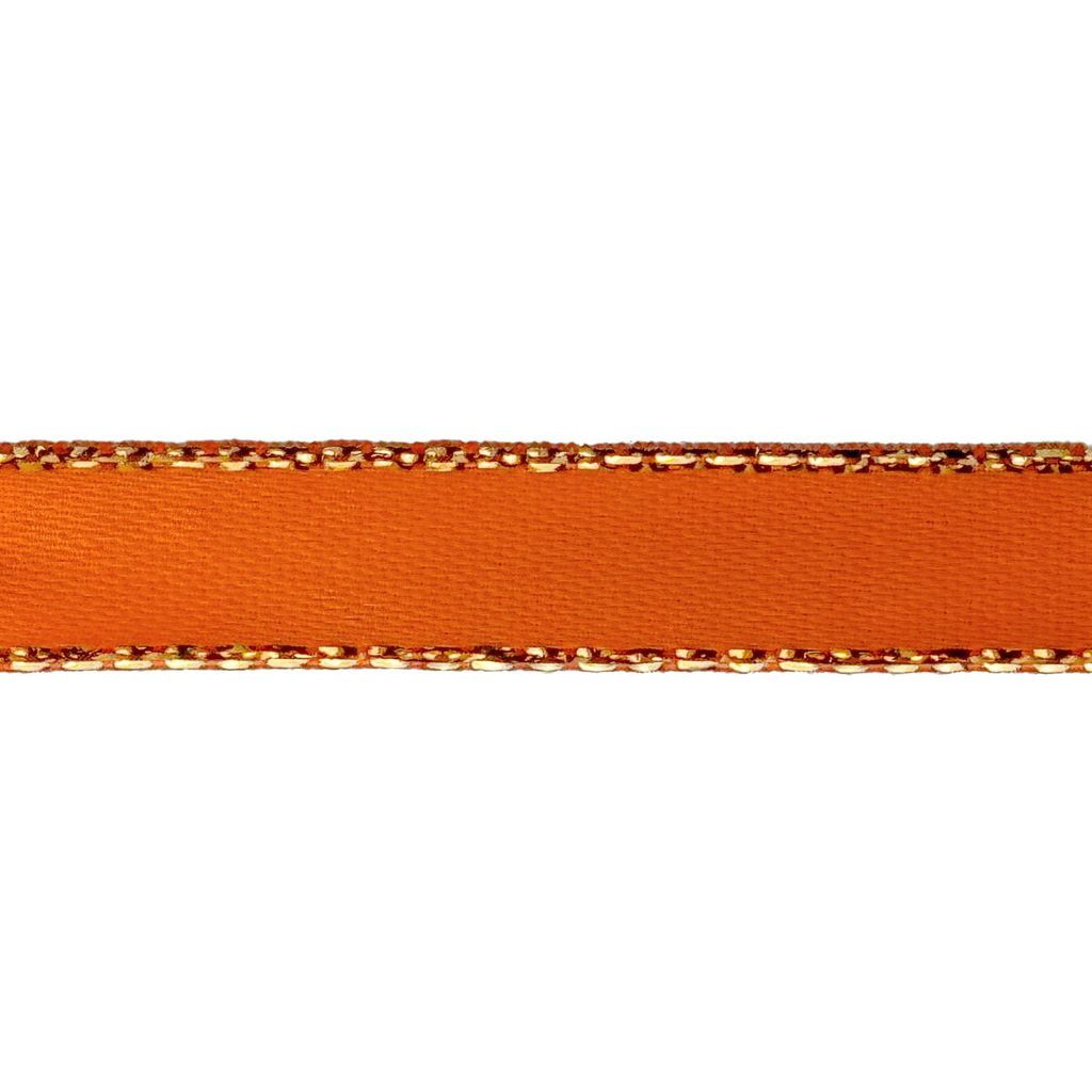orange 3/8" double faced satin ribbon with sparkling gold edges from Heit's Wholesale bulk sewing supply company