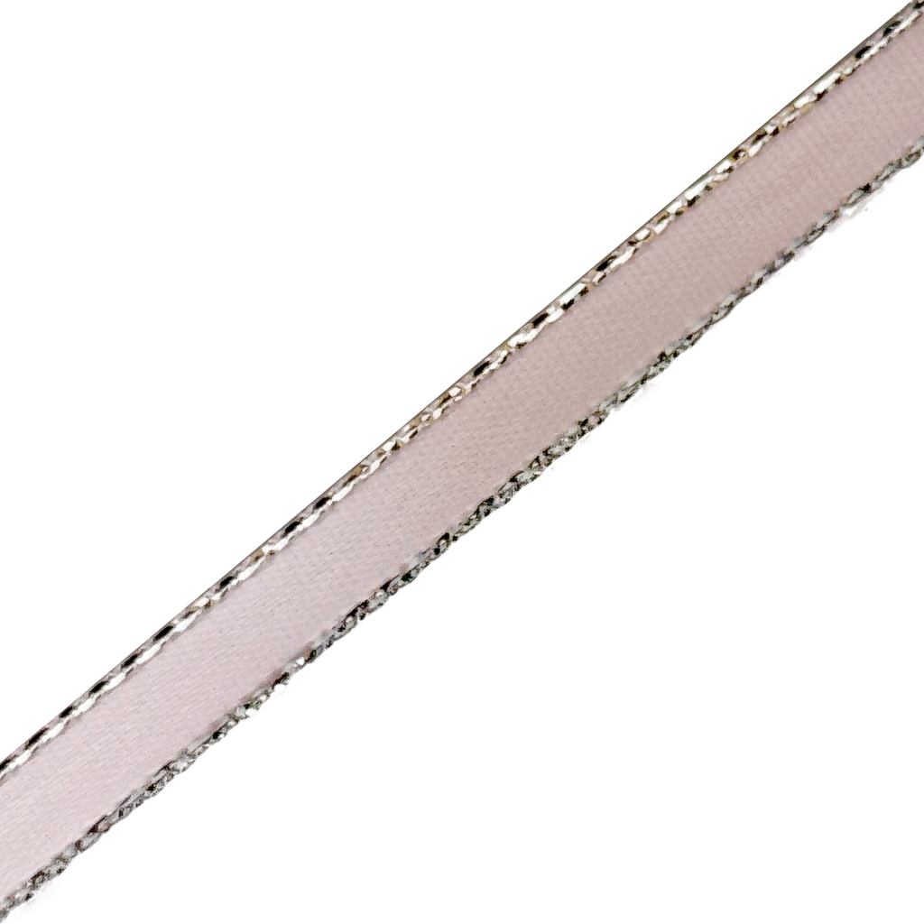 pink 1/4" double face satin ribbon with sparkling silver edges from Heit's Wholesale bulk sewing supply company
