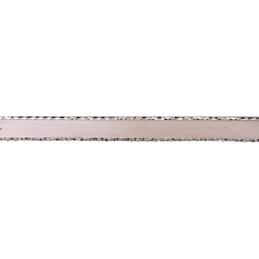 pink 1/4" double face satin ribbon with sparkling silver edges from Heit's Wholesale bulk sewing supply company