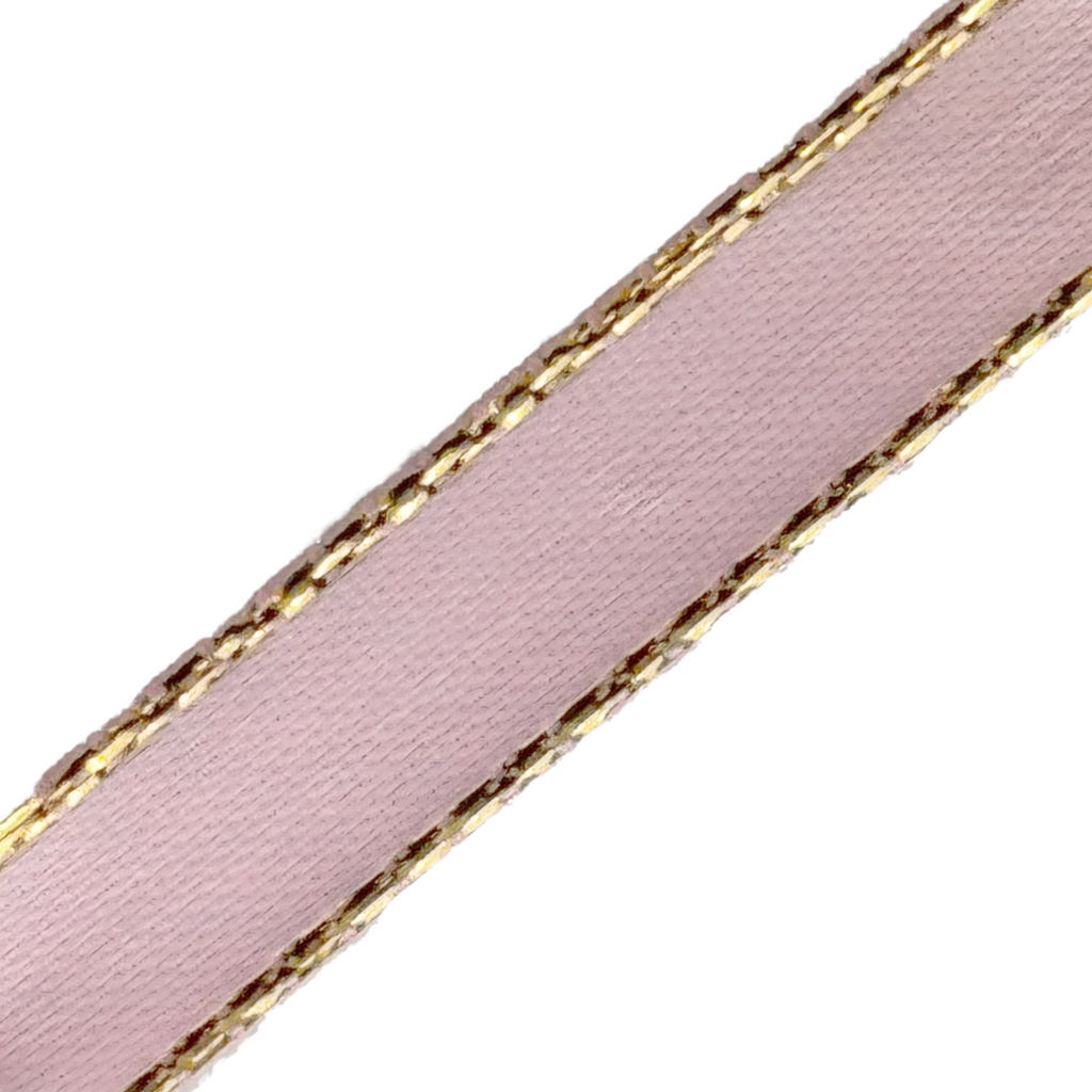 pink 3/8" double faced satin ribbon with sparkling gold edges from Heit's Wholesale bulk sewing supply company
