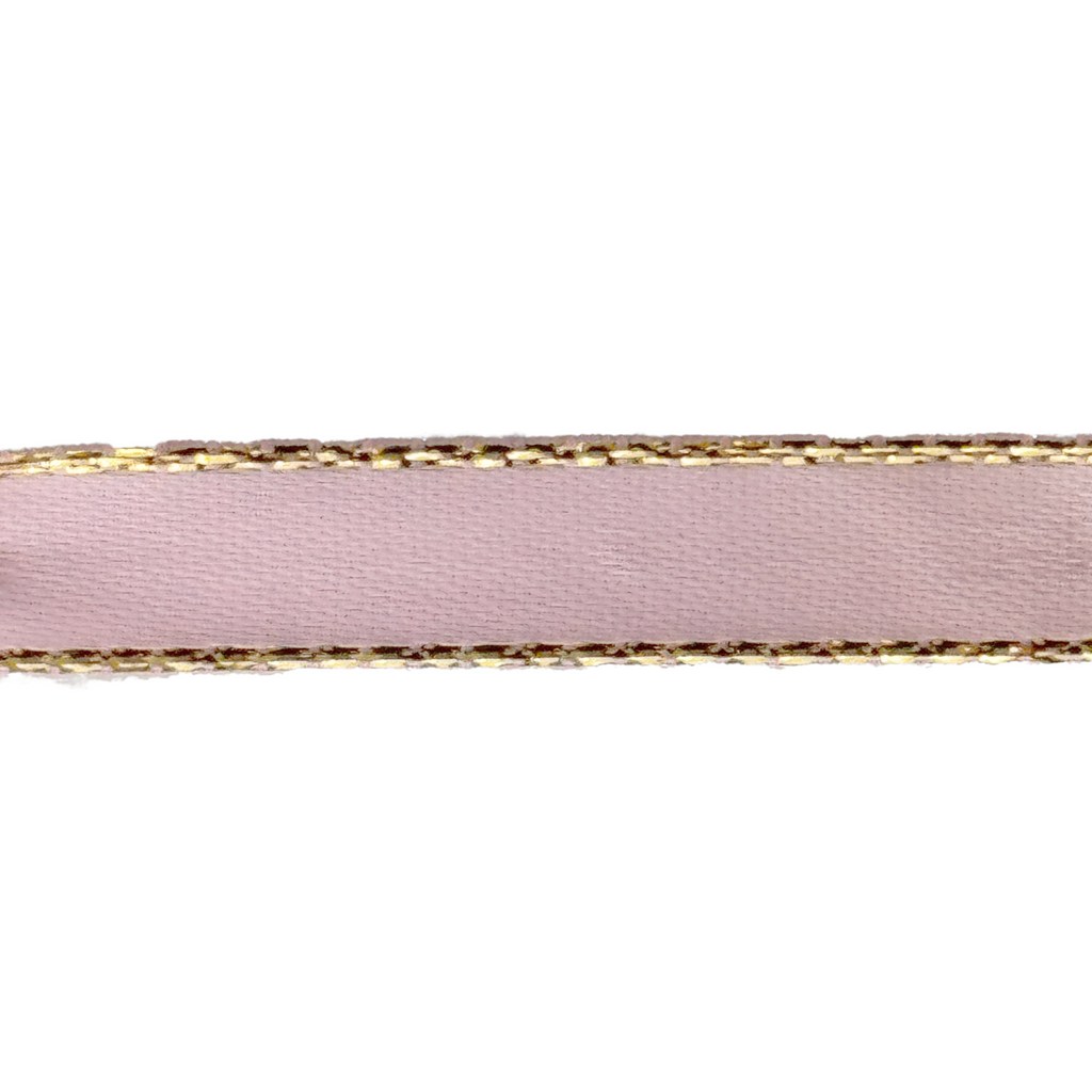 pink 3/8" double faced satin ribbon with sparkling gold edges from Heit's Wholesale bulk sewing supply company