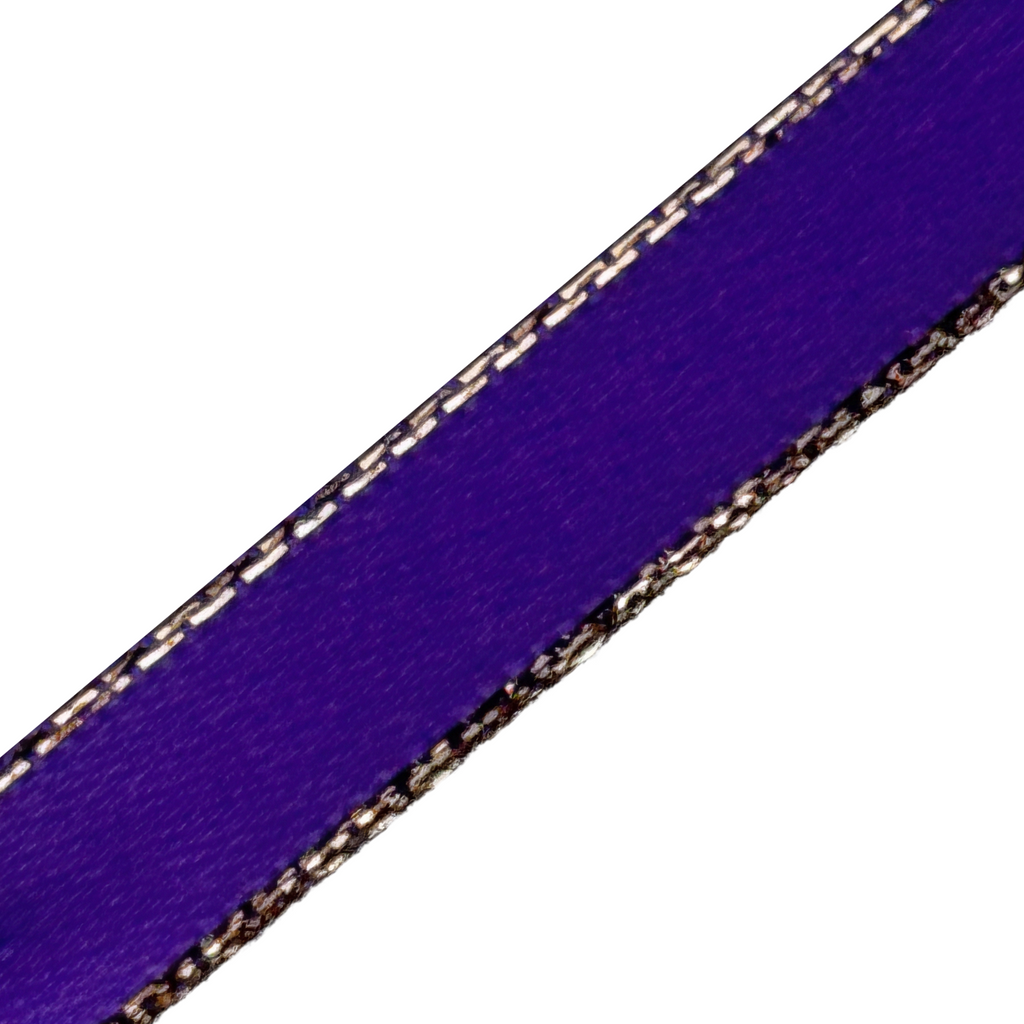 purple 3/8" double faced satin ribbon with sparkling gold edges from Heit's Wholesale bulk sewing supply company