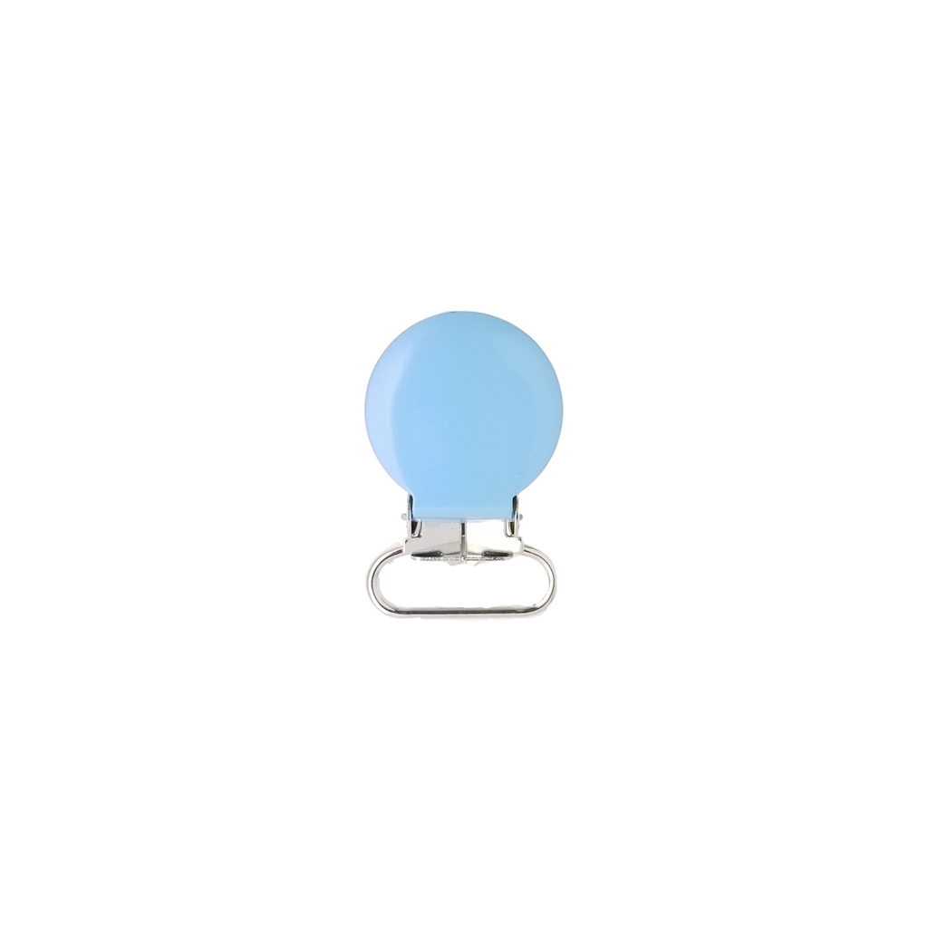 light blue round pacifier clips from Heit's Wholesale bulk sewing supply company 