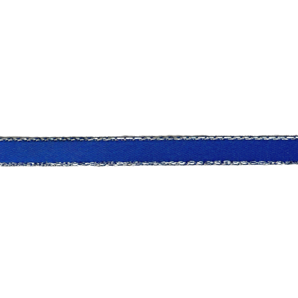 royal blue 1/4" double face satin ribbon with sparkling silver edges from Heit's Wholesale bulk sewing supply company