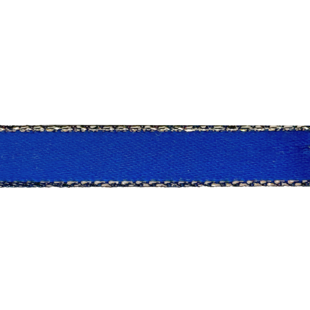 royal blue 3/8" double faced satin ribbon with sparkling gold edges from Heit's Wholesale bulk sewing supply company