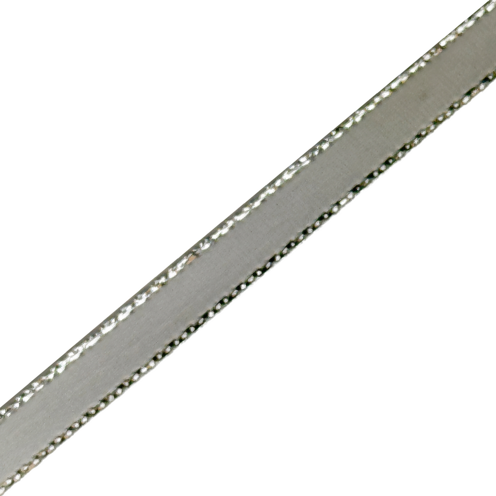 silver 1/4" double face satin ribbon with sparkling silver edges from Heit's Wholesale bulk sewing supply company