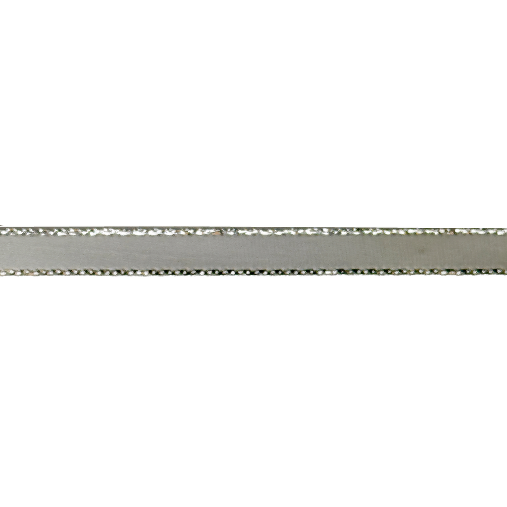 silver 1/4" double face satin ribbon with sparkling silver edges from Heit's Wholesale bulk sewing supply company