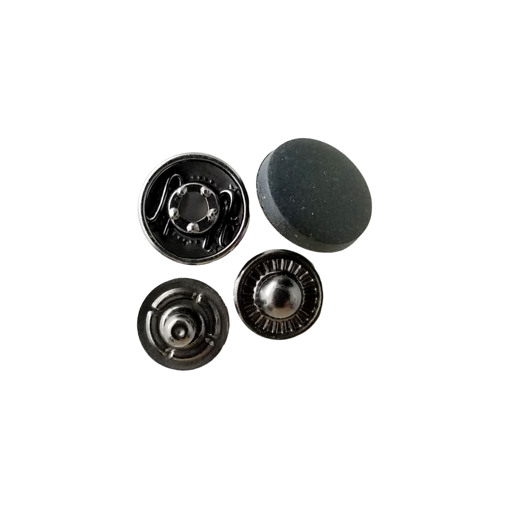 close up of the matte black size 24 spring snaps at Heit's Wholesale bulk sewing supply company
