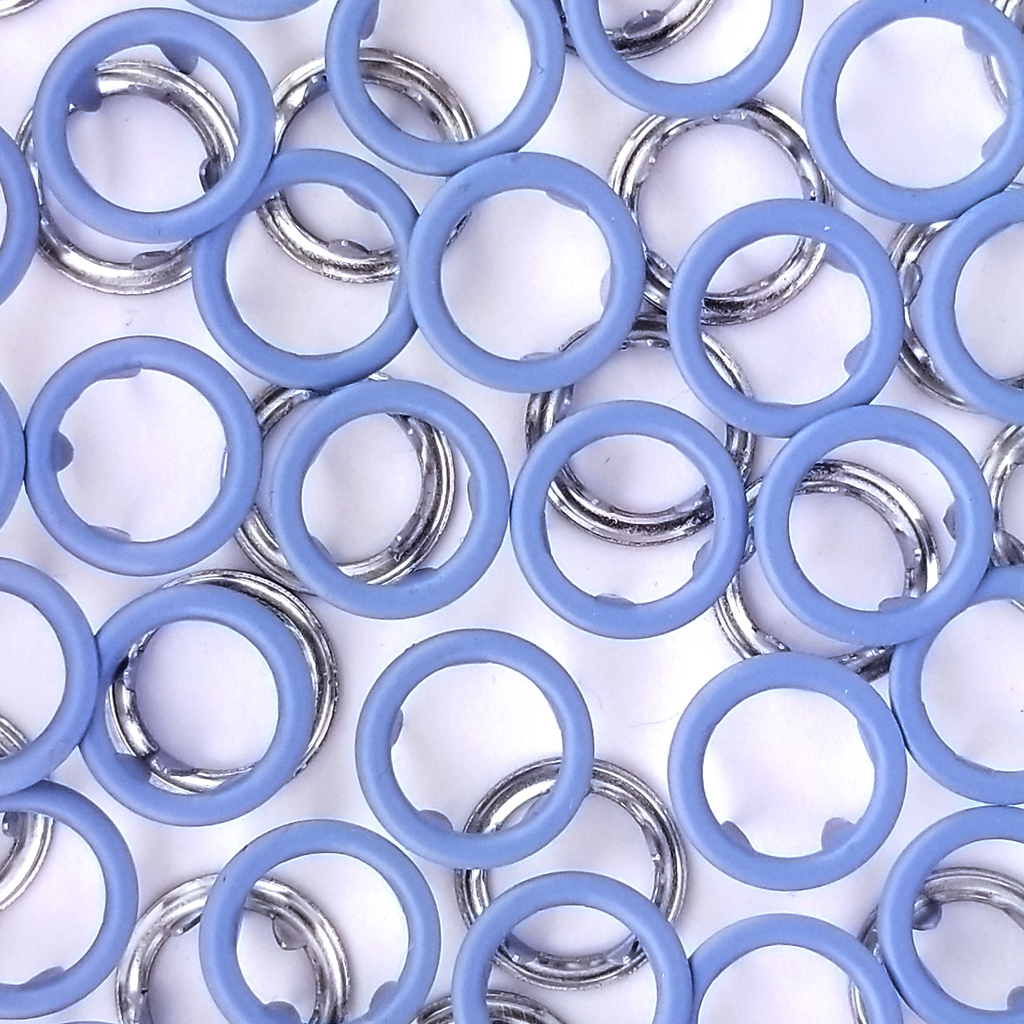 close up of the smoke blue size 14 open ring snap from Heit's Wholesale bulk sewing supply company