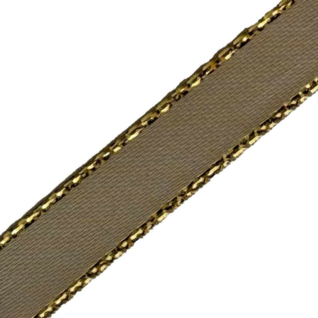 toffee 3/8" double faced satin ribbon with sparkling gold edges from Heit's Wholesale bulk sewing supply company