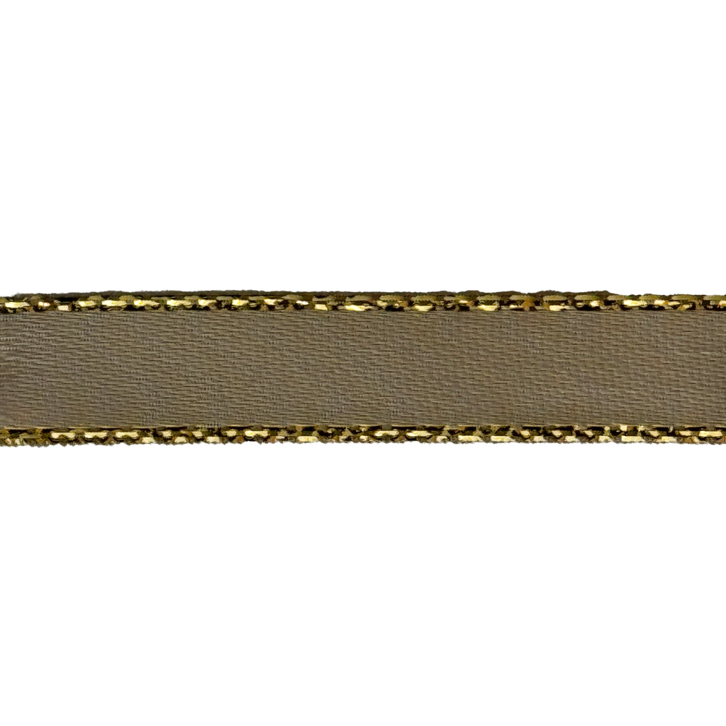 toffee 3/8" double faced satin ribbon with sparkling gold edges from Heit's Wholesale bulk sewing supply company