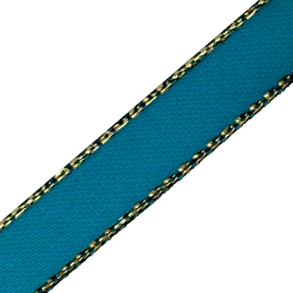 turquoise 3/8" double faced satin ribbon with sparkling gold edges from Heit's Wholesale bulk sewing supply company