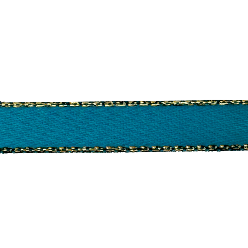 turquoise 3/8" double faced satin ribbon with sparkling gold edges from Heit's Wholesale bulk sewing supply company